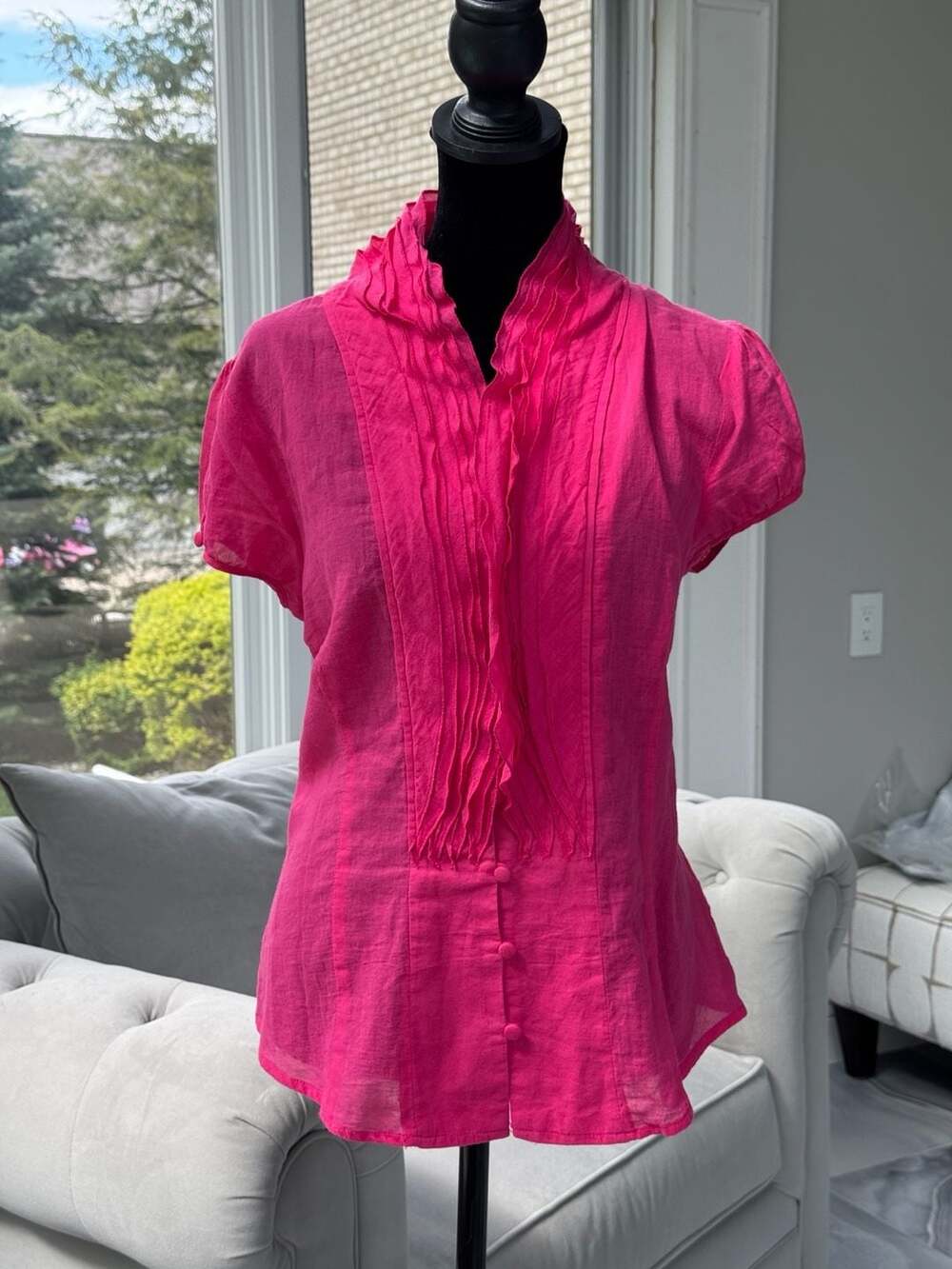 Lapis Women's Hot Pink 100% Cotton Ruffled Button-Front Blouse Size L